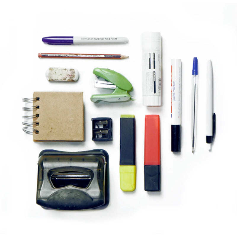 Pens, markers, rubber, notebook and other office supplies