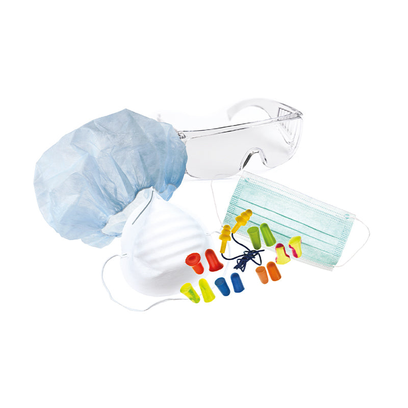 PPE mask, earplugs, hair net and general PPE items